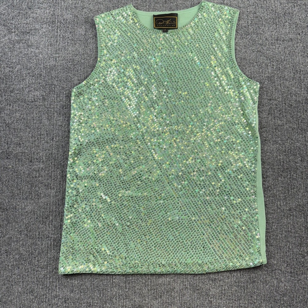 Diane Gilman Tank Top Womens Medium Green Sequin Mesh Knit Crew Neck Sleeveless